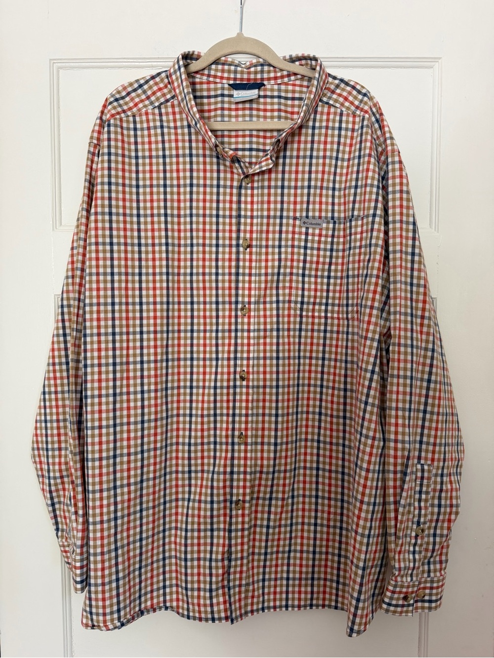 Columbia Men’s 4X Plaid Button Down Shirt Red Navy Tan Cotton Stretch